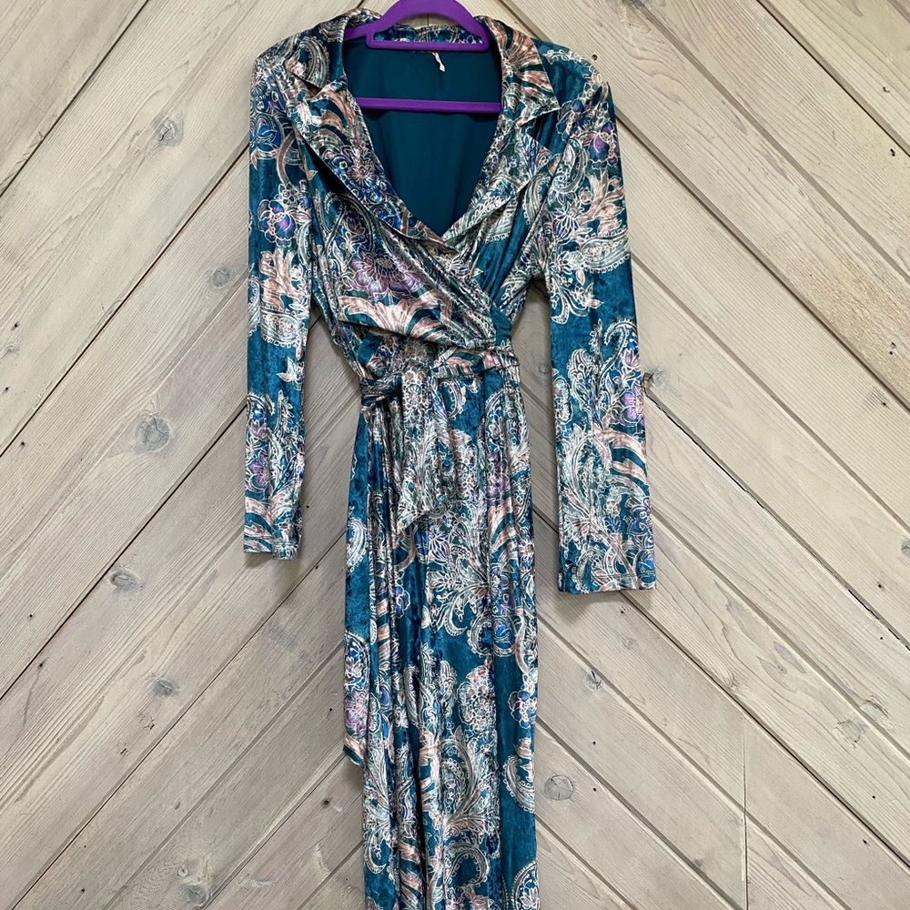 Free People Teal and Purple Velvet Delphine Jumpsuit